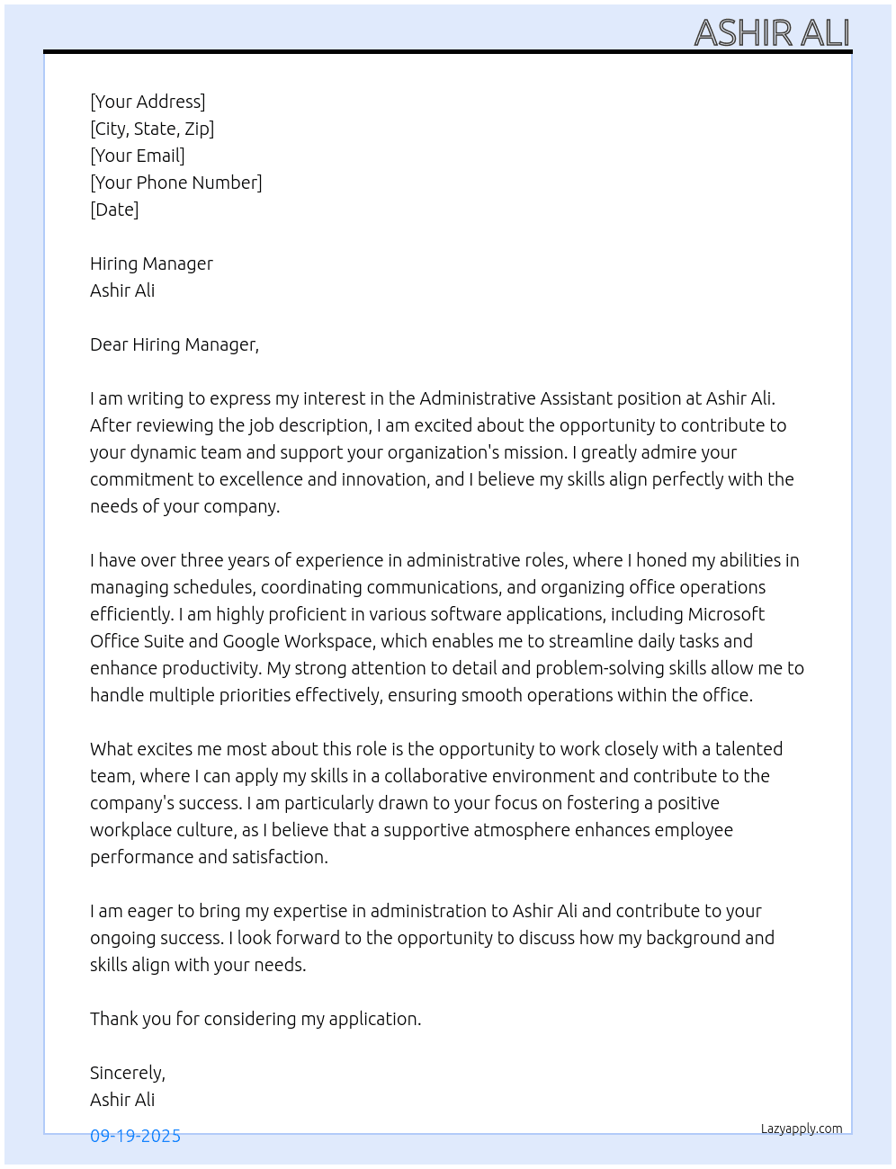 Administrative Assistant Needed At Ashir Ali Cover Letter