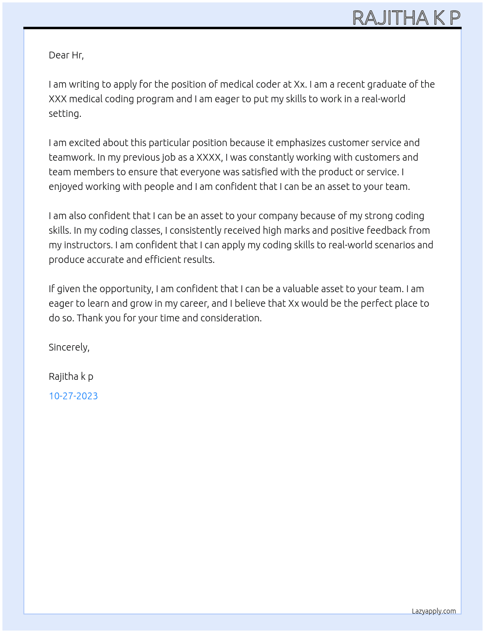 Medical coder At Xx Cover Letter