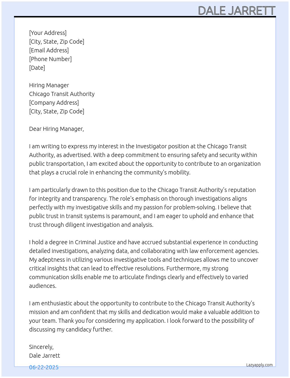 Investigator At Chicago Transit Authority Cover Letter
