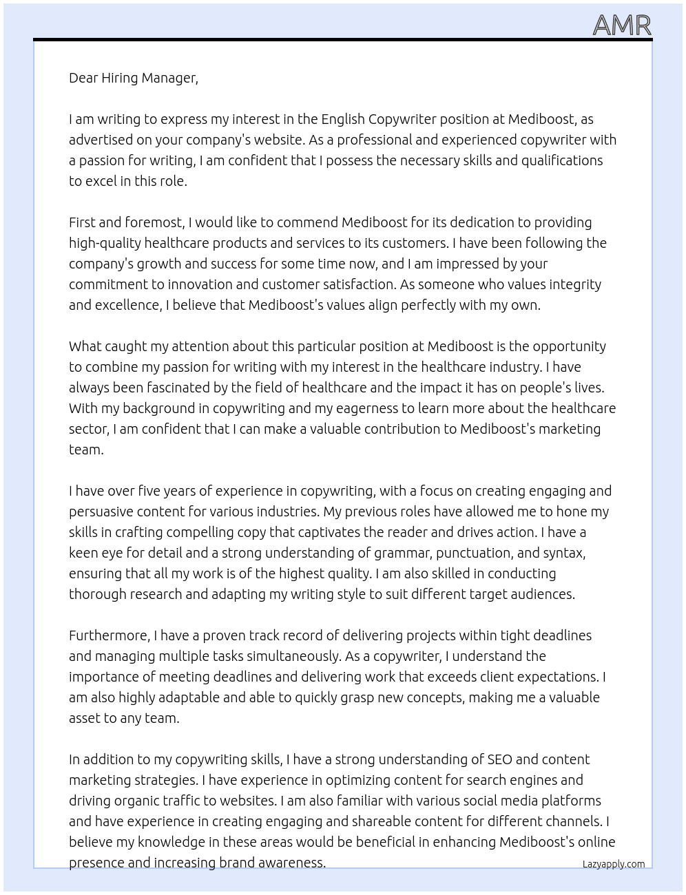 English Copywriter At Mediboost Cover Letter