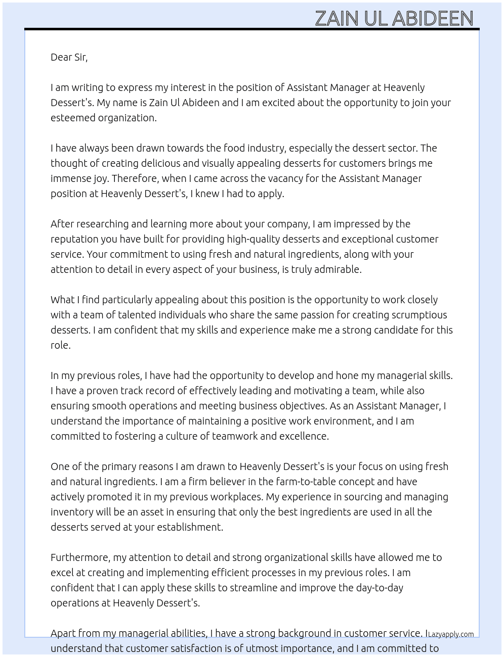 ASSISTANT MANAGER  At Heavenly Dessert's  Cover Letter