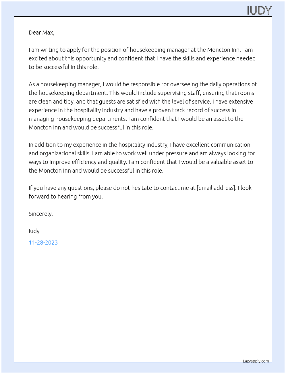 housekeeping managwe At moncton inn Cover Letter