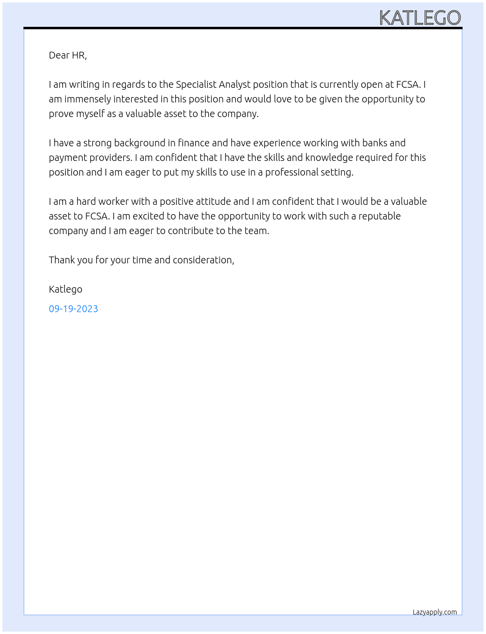 Specialist Analyst  : Supervision Banks and Payment Providers At FCSA Cover Letter