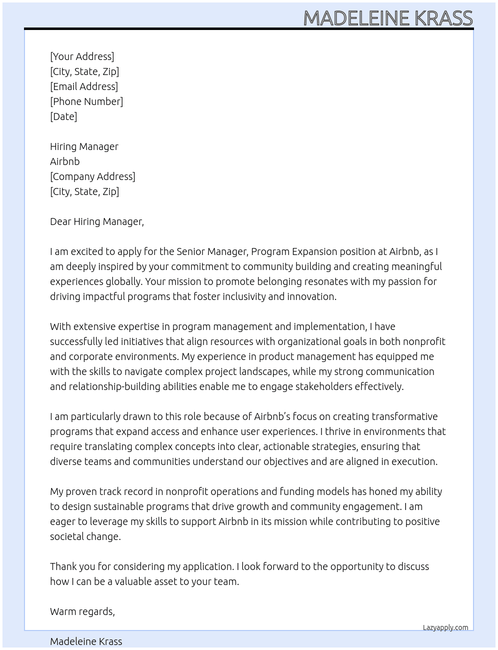 Cover letter for senior manager, program expansion - LazyApply