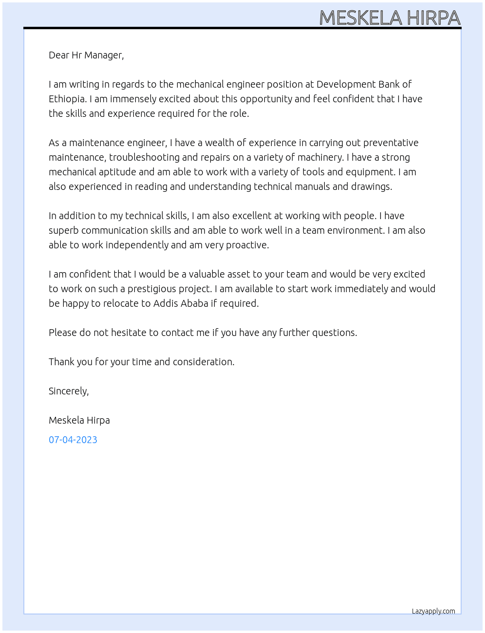 Mechanical Engineer At Development Bank of Ethiopia  Cover Letter