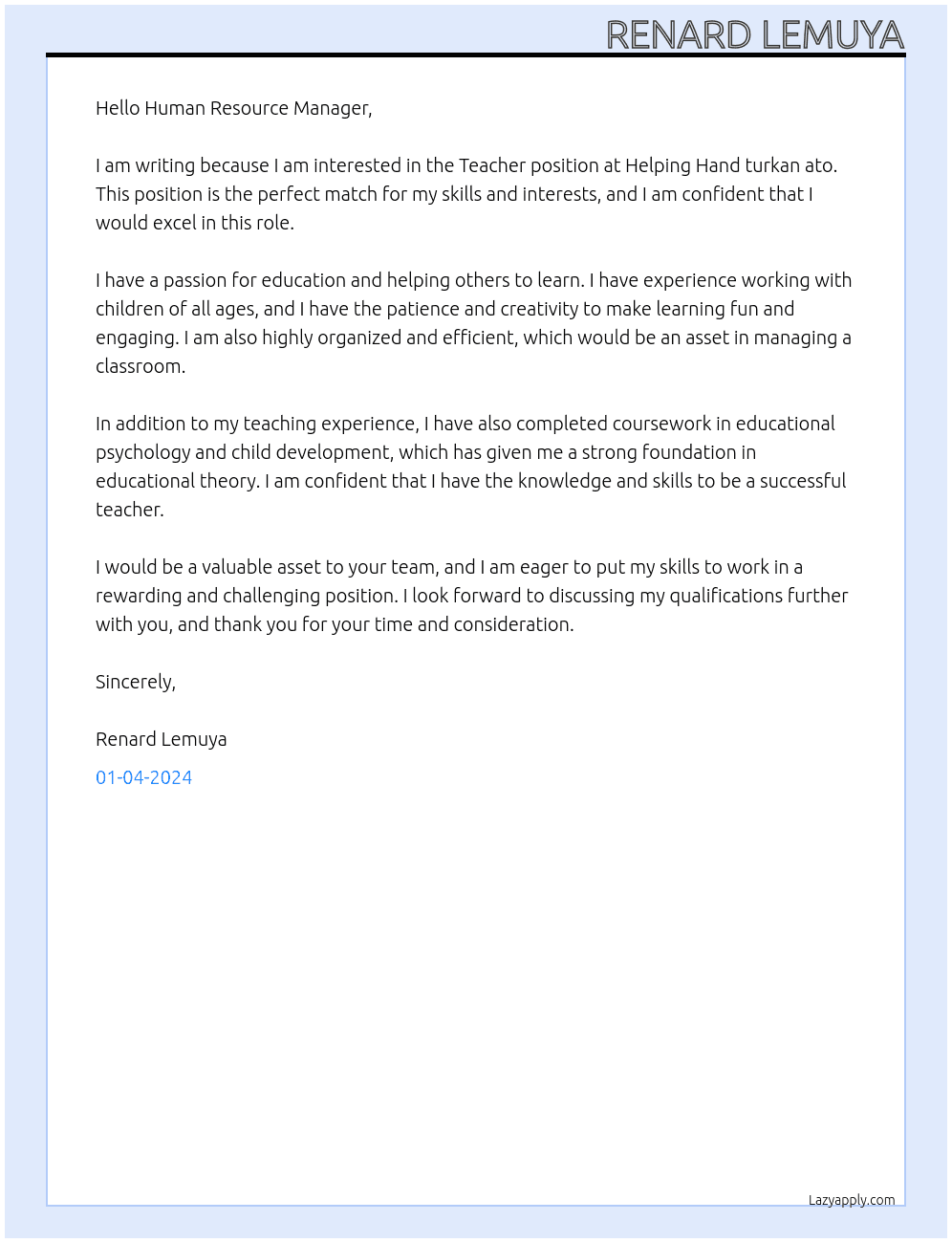 TEACHER  At Helping Hand turkan ato Cover Letter