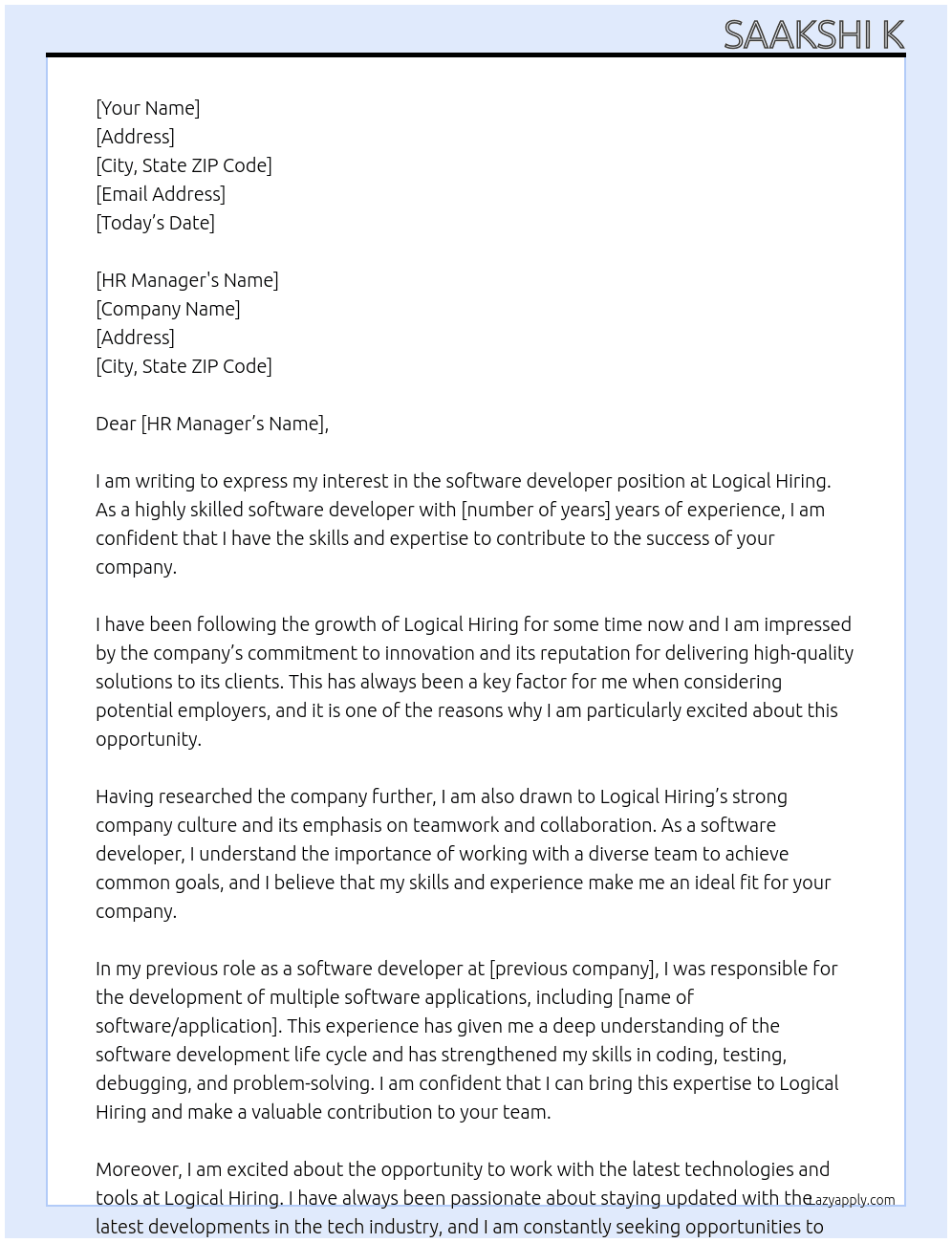 software developer At Logical hiring Cover Letter