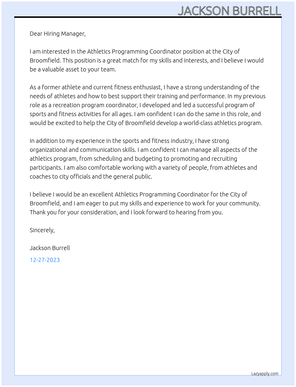 Athletics Programming Coordinator At City of Broomfield  Cover Letter