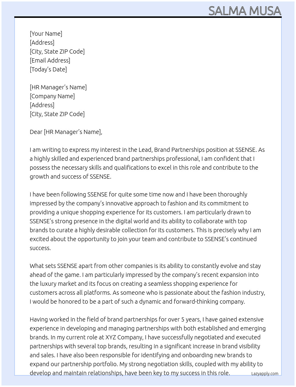 Lead, Brand Partnerships At SSENSE Cover Letter