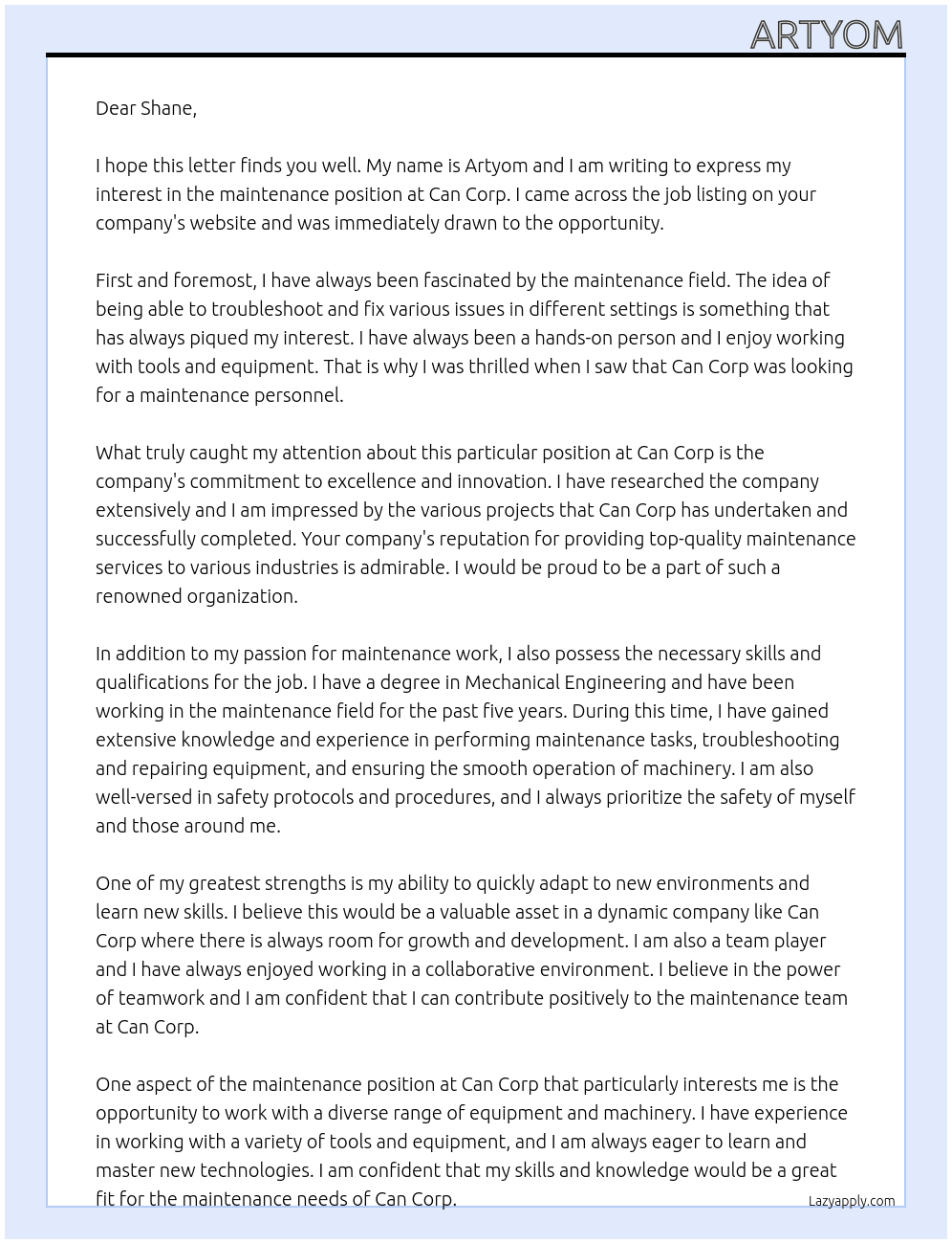 maintenance  At can corp Cover Letter