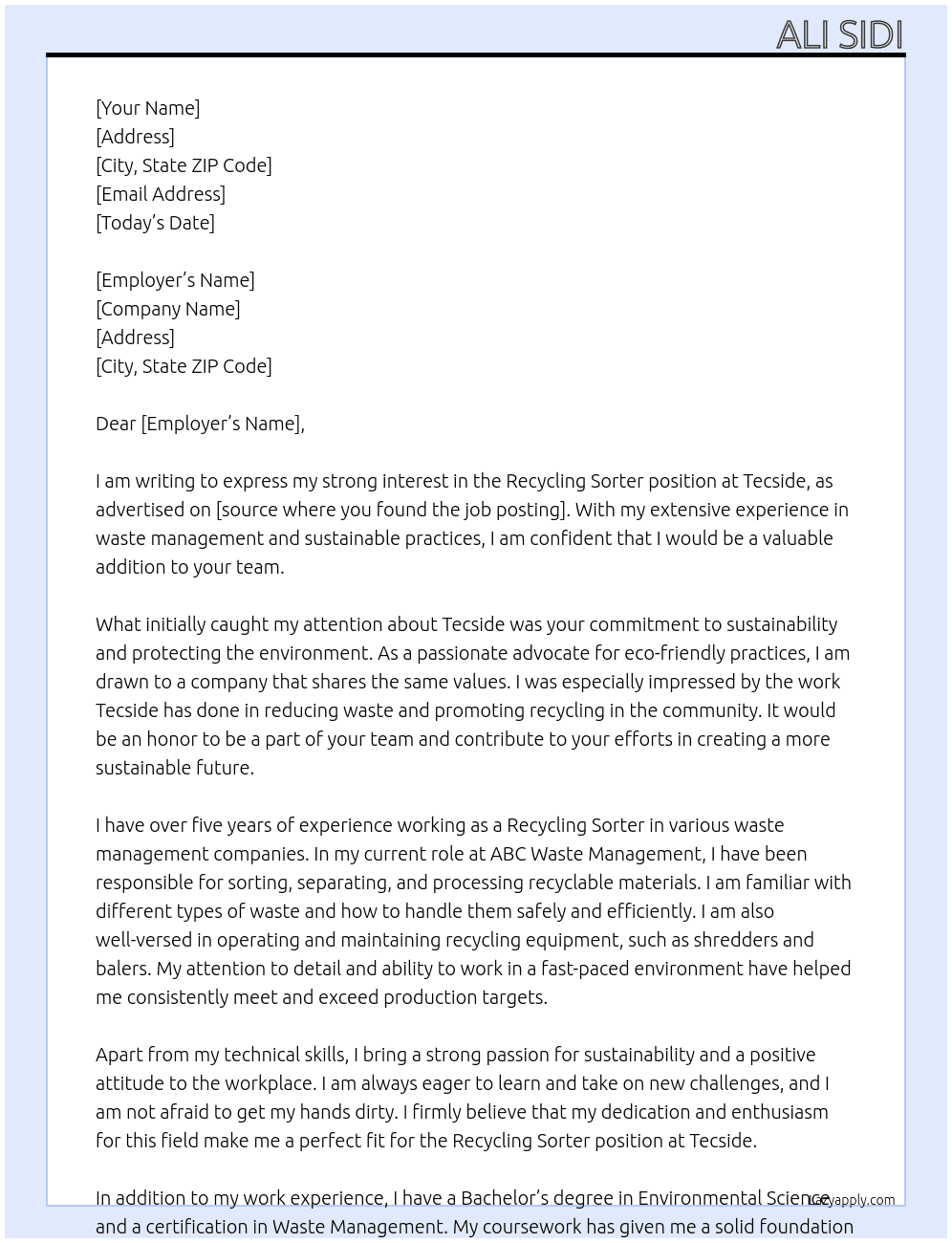 Recycling sorters At Tecside Cover Letter