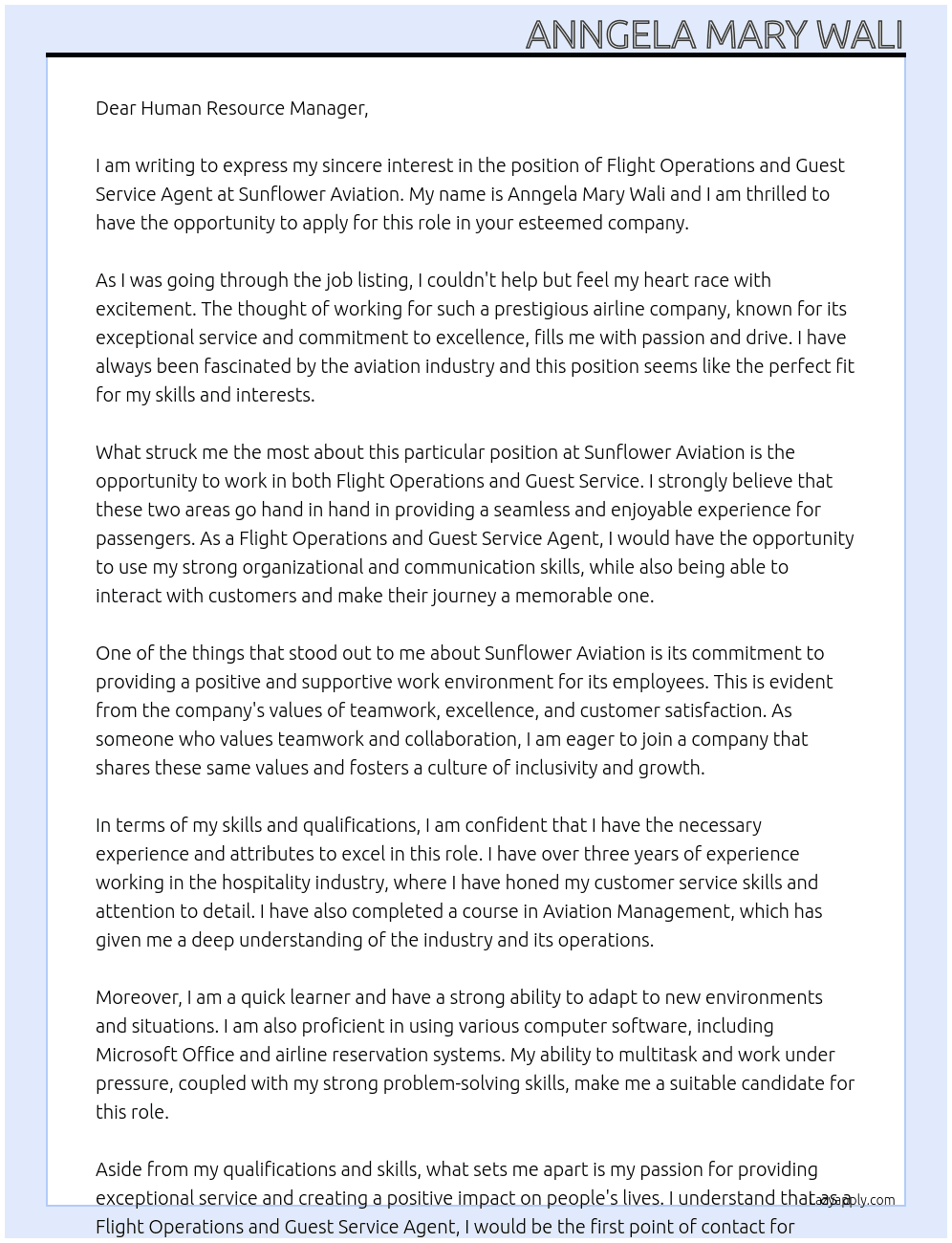 Flight Operations and Guest Service Agent At Sunflower Aviation Cover Letter