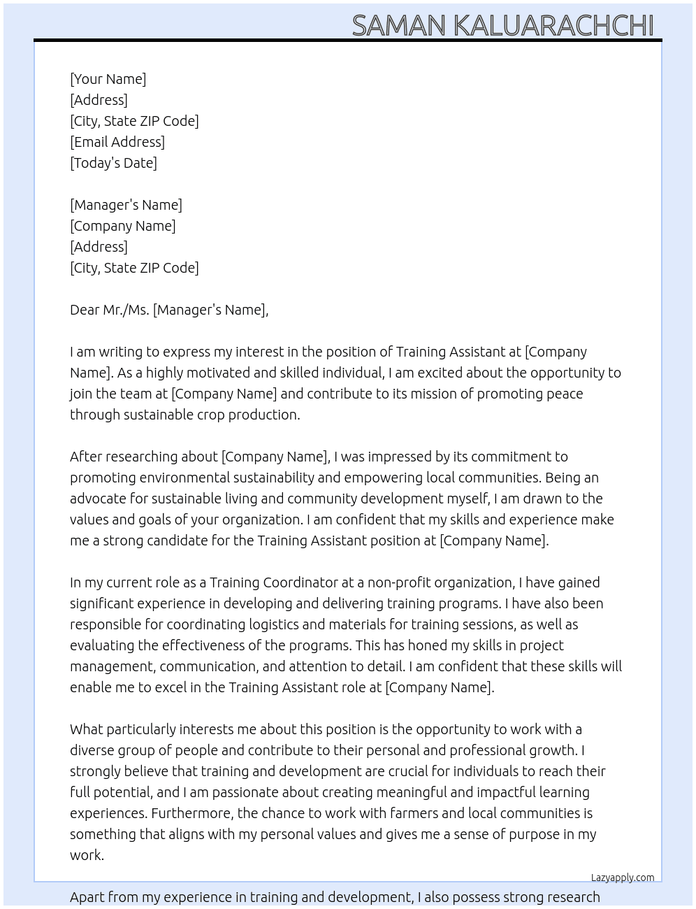 Training assistant At Peace crop  Cover Letter