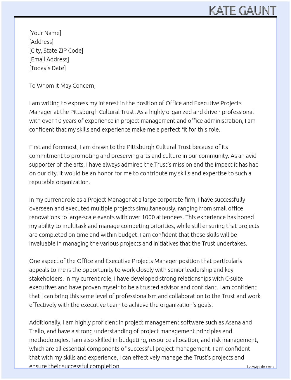 Office and Executive Projects Manager At Pittsburgh Cultural Trust Cover Letter