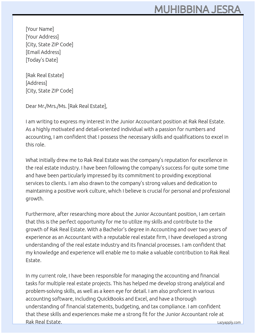 Junior accountant  At Rak real estate  Cover Letter