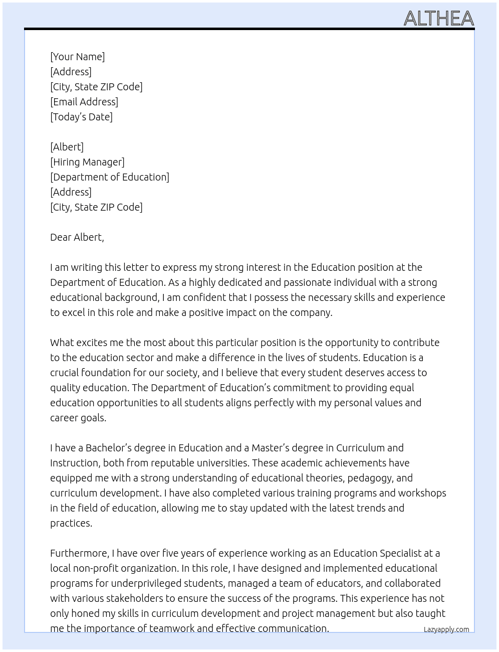 Education  At Department of education  Cover Letter