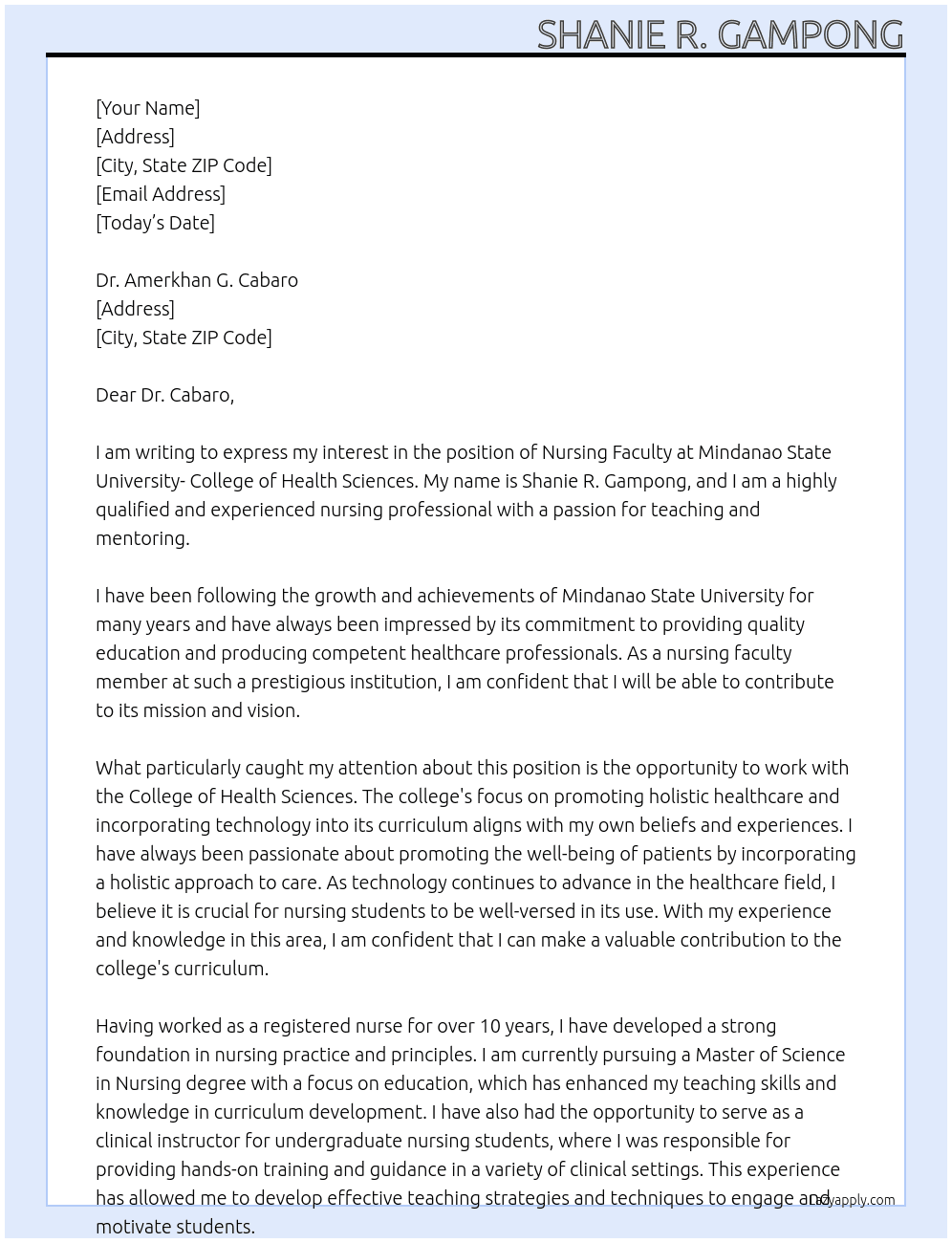 Nursing faculty At Mindanao State University- College of Health Sciences Cover Letter