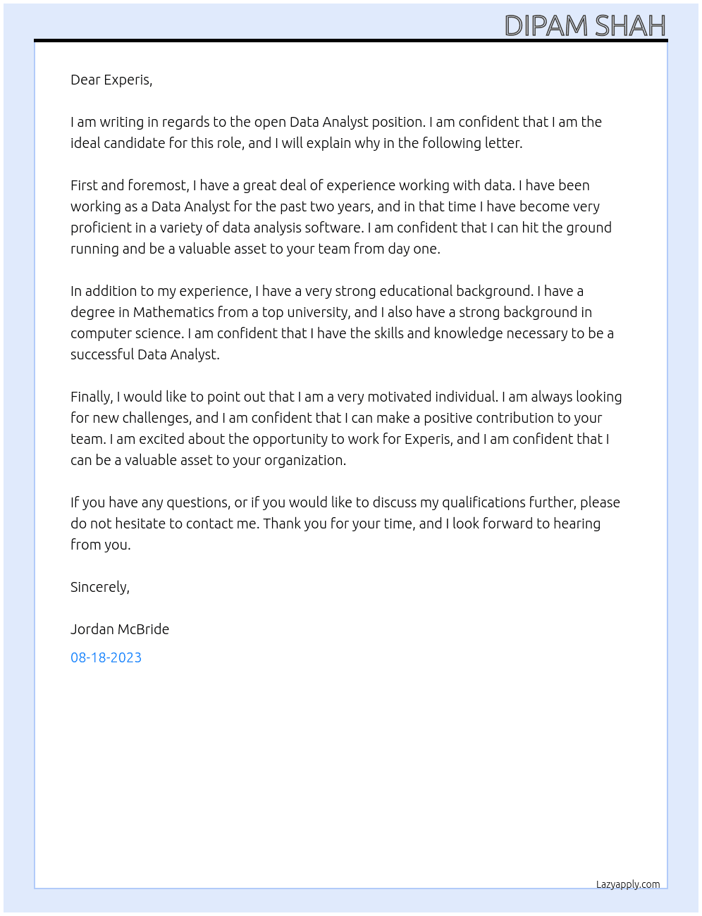 Data Analyst At Experis Cover Letter