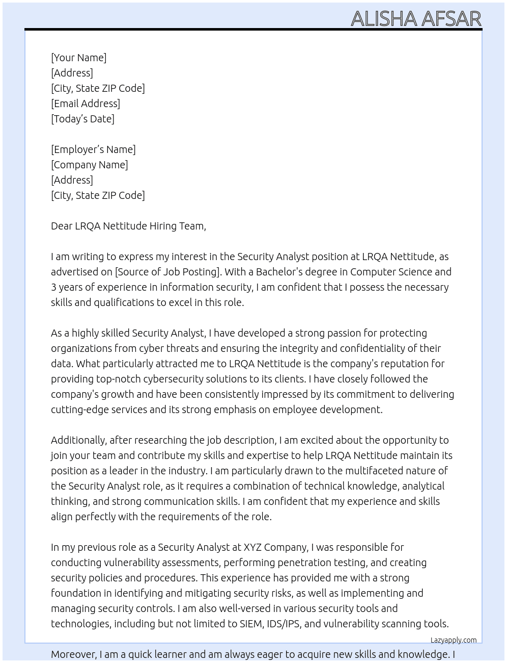 Security Analyst At LRQA Nettitude Cover Letter