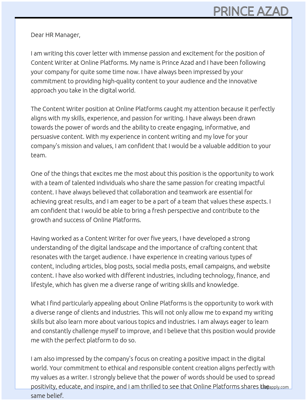 Content writer  At Online platforms  Cover Letter