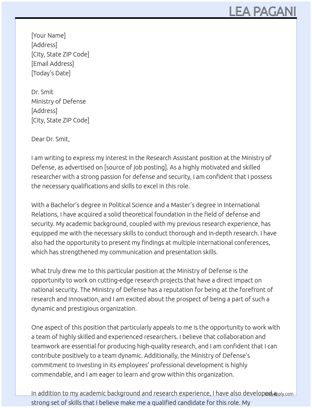 Research Assistant At Ministry of Defense Cover Letter