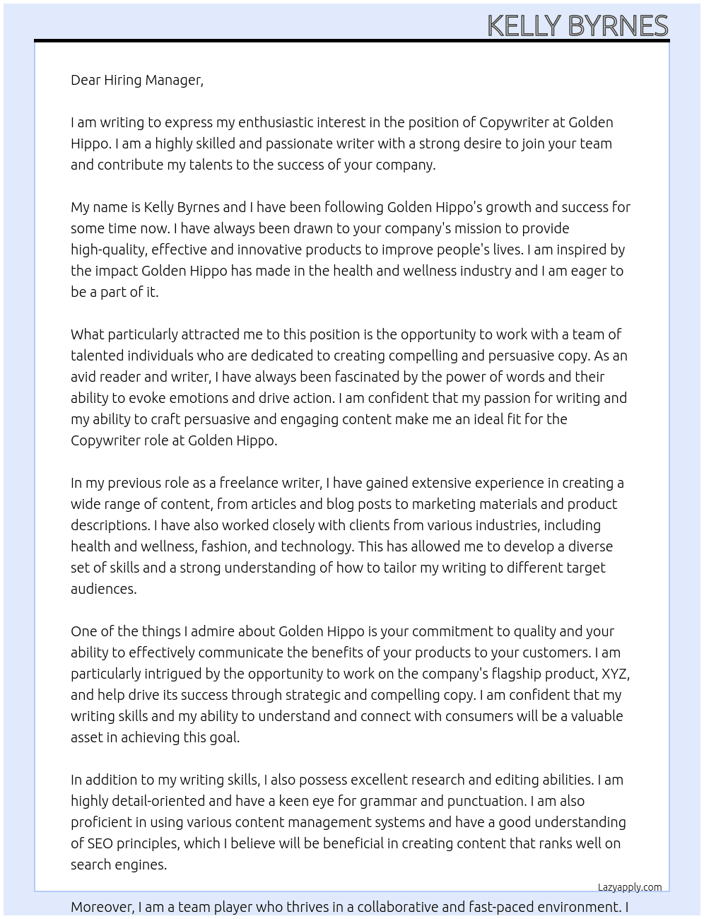 copywriter At Golden Hippo Cover Letter