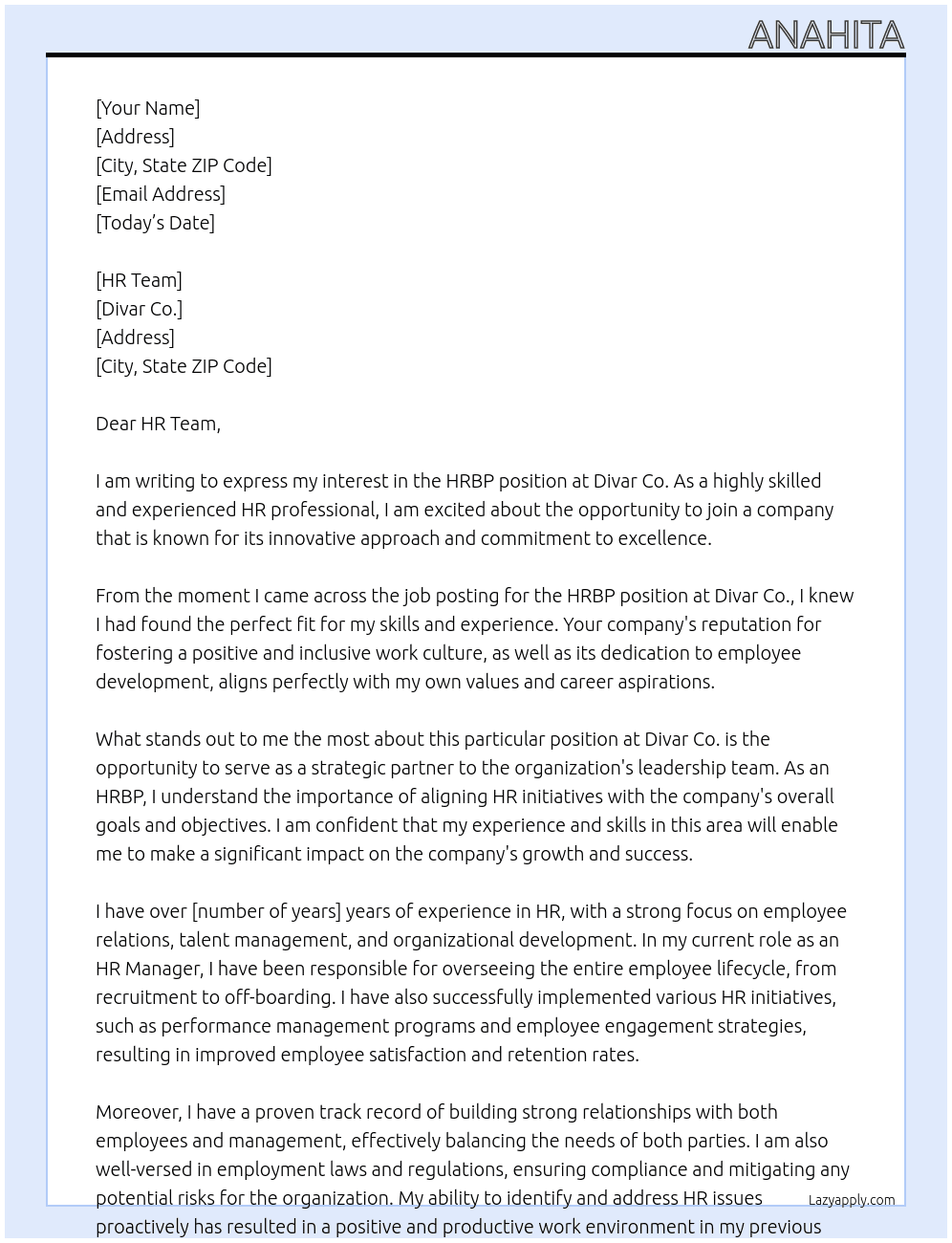 HRBP At Divar Co Cover Letter