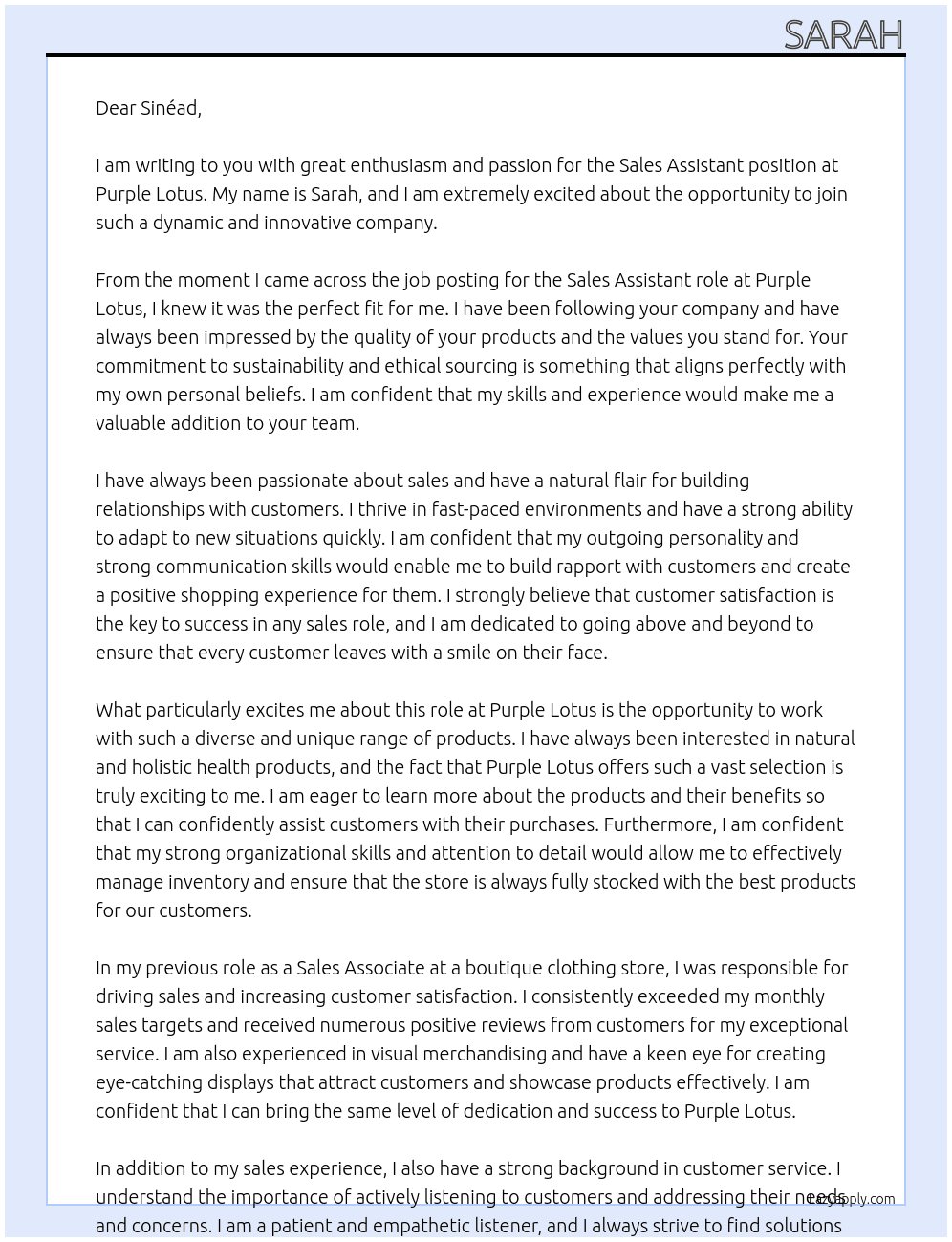Sale Assistant  At Purple Lotus Cover Letter