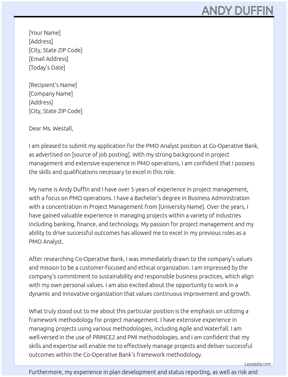 PMO Analyst At Co-Operative Bank Cover Letter