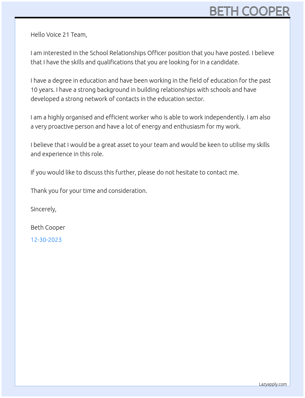School Relationships Officer At Voice 21 Cover Letter