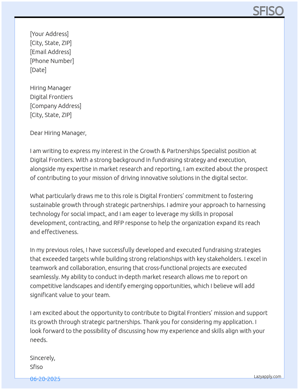 Growth & Partnerships Specialist at Digital Frontiers At Digital Frontiers Cover Letter