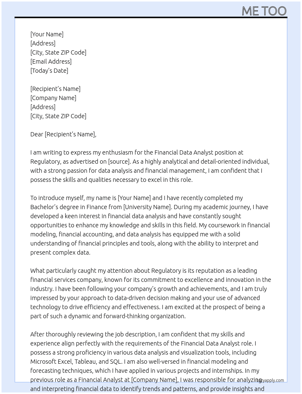 Financial Data Analyst At Regulatory Cover Letter