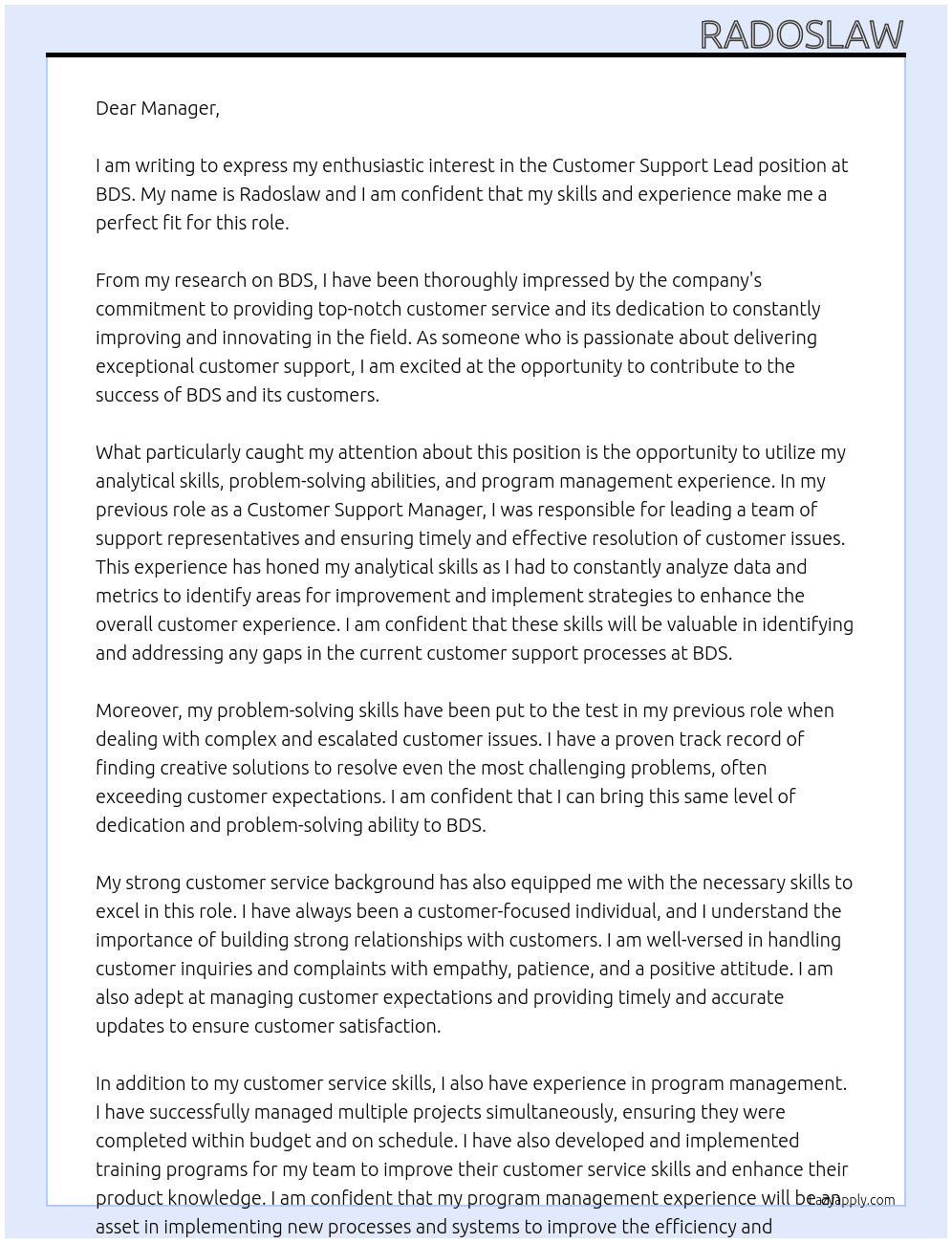 Customer Support Lead At BDS Cover Letter