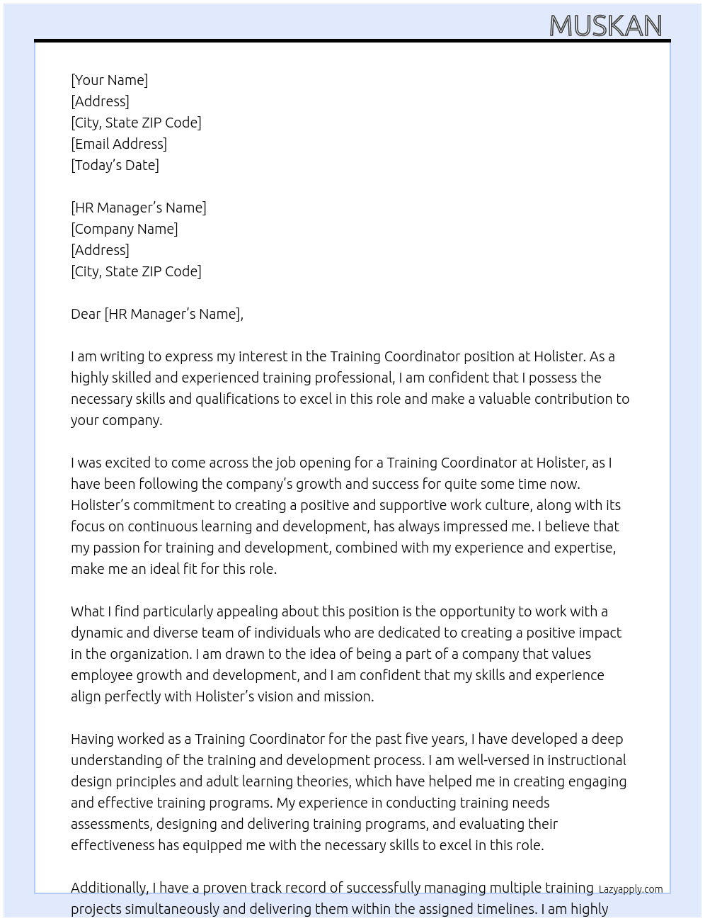 Training coordinator  At Holister  Cover Letter