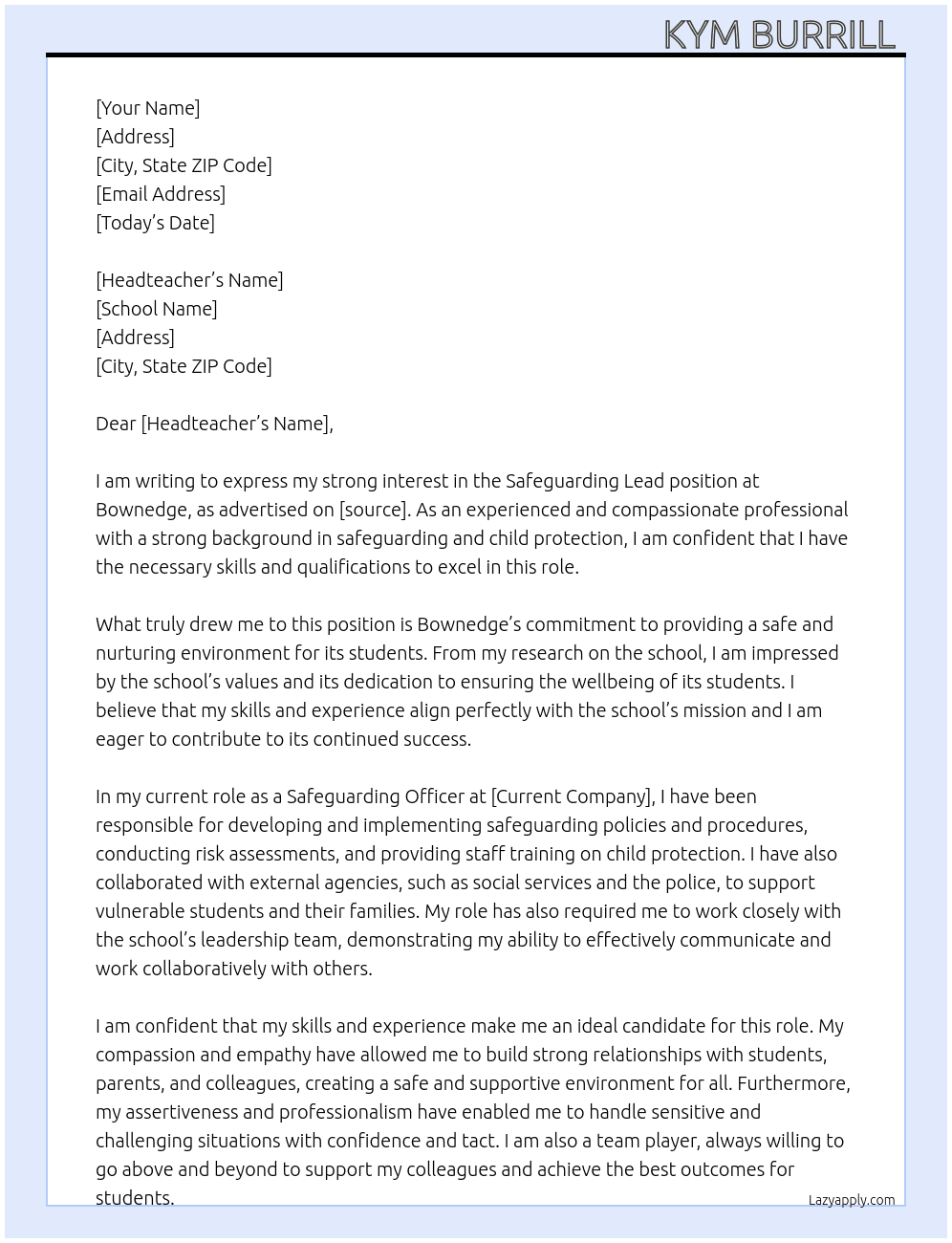 Safeguarding lead At Bownedge Cover Letter