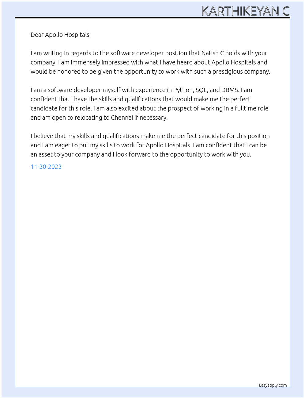 Software developer At Apollo hospitals Cover Letter