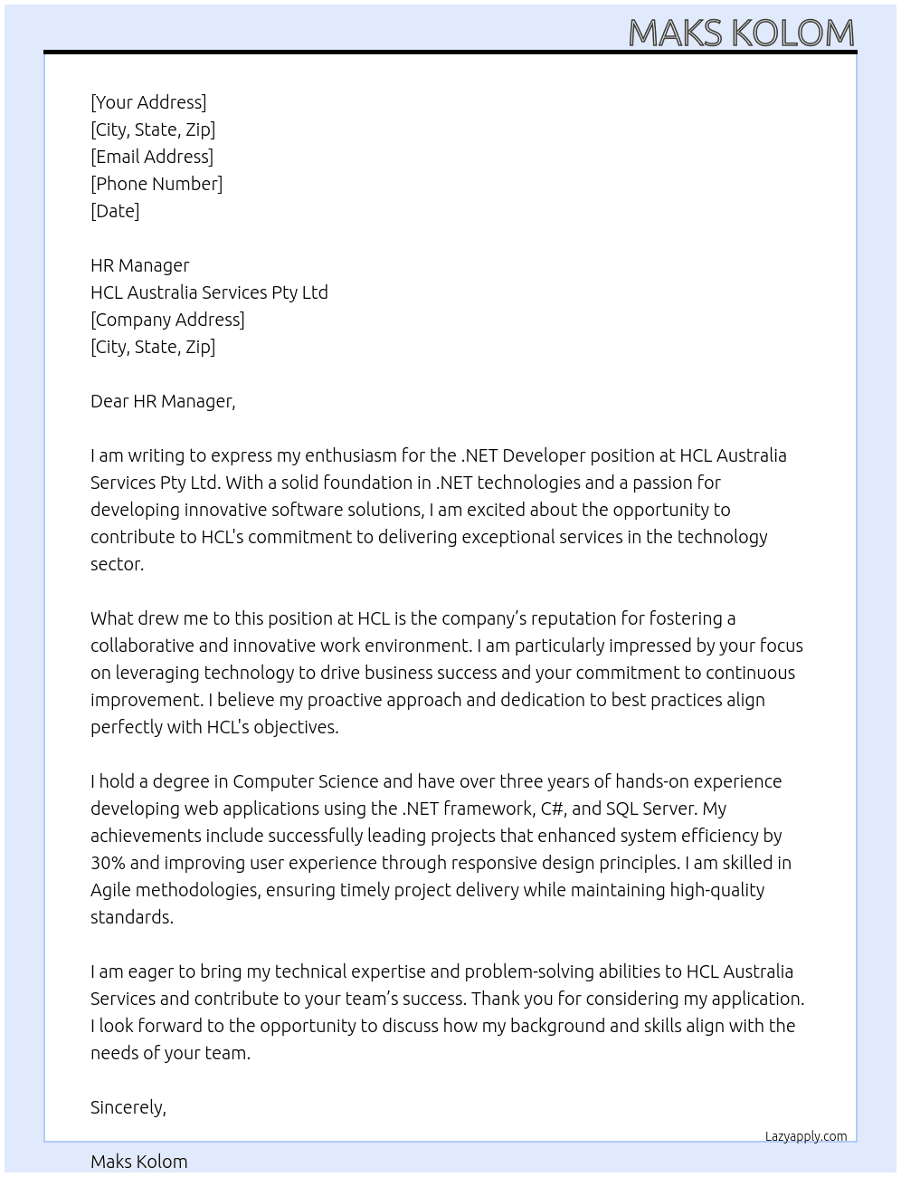 Cover letter for .net developer - LazyApply