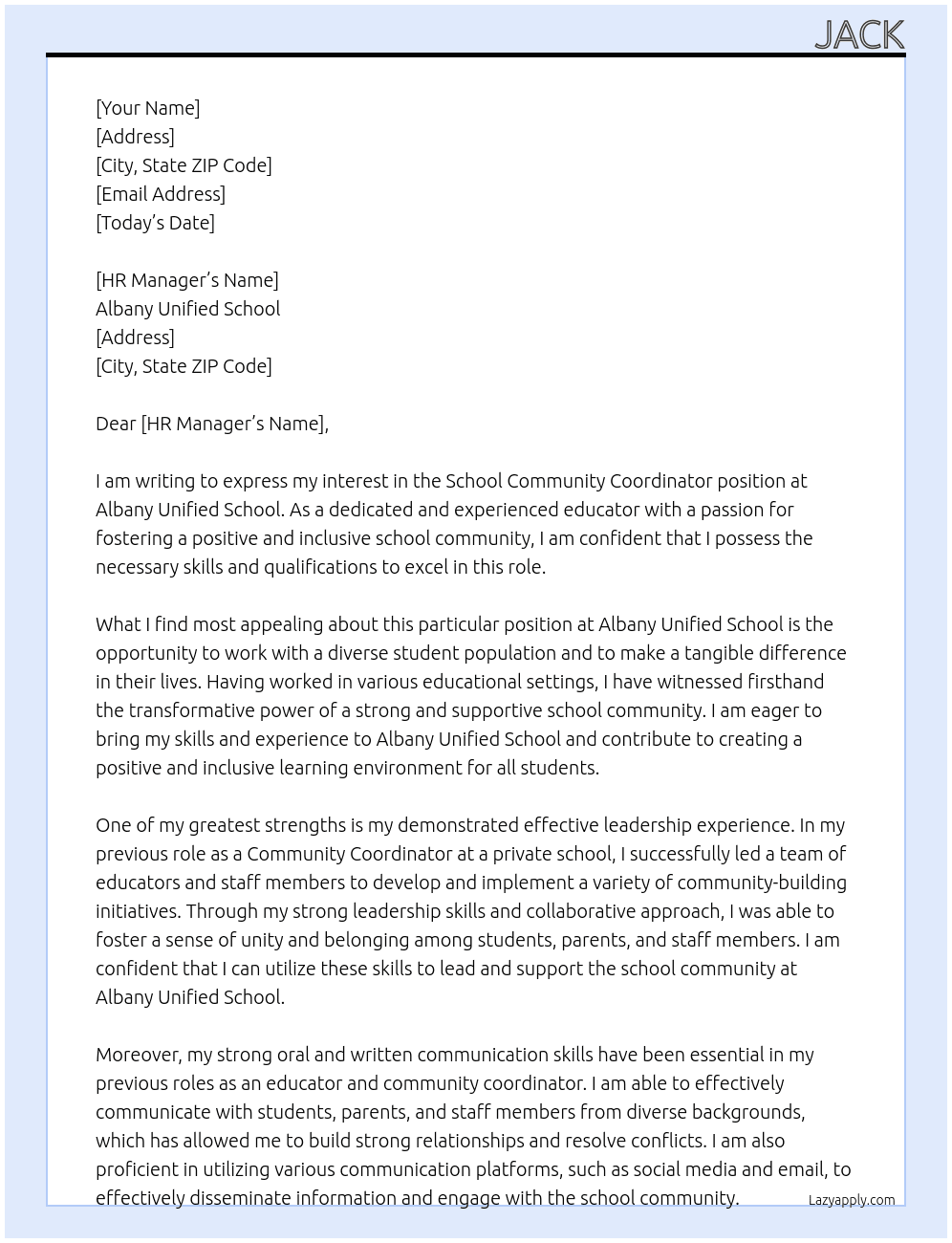  School Community Coordinator  At Albany Unified school Cover Letter