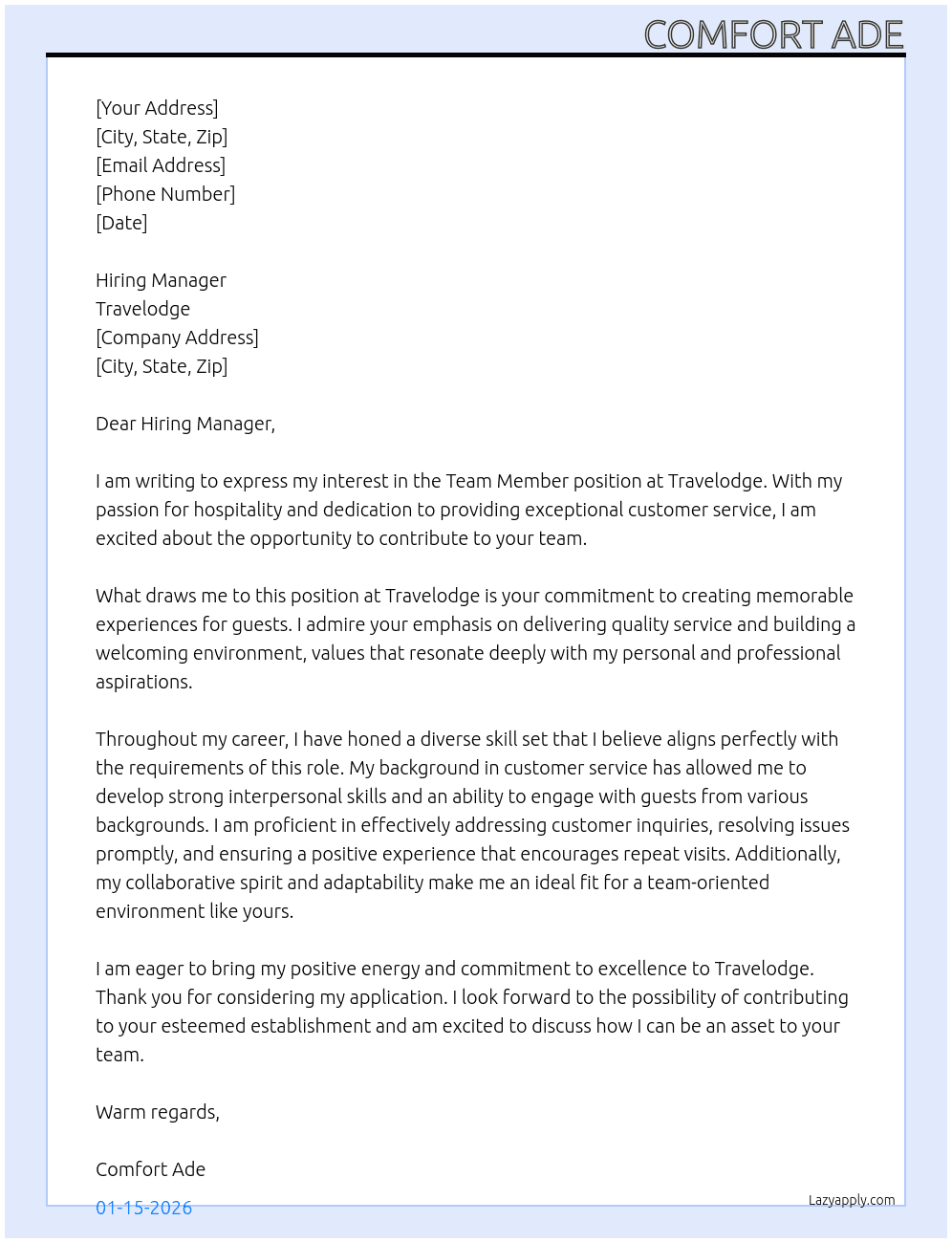 Team members  At Travelodge Cover Letter