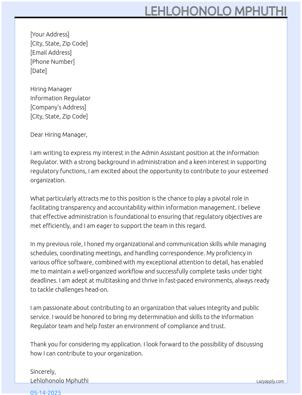 Admin Assistance  At Information Regulator  Cover Letter