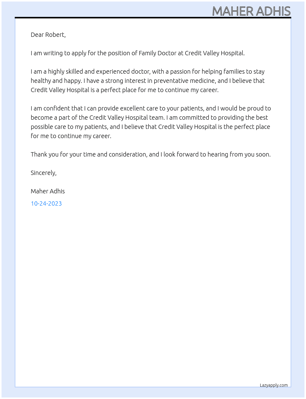 Family DOctor At Credit Valley Hospital Cover Letter