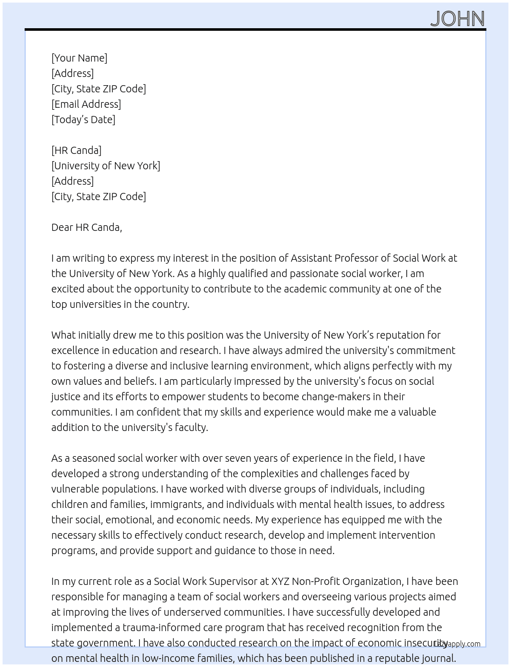 Assistant professor of social work At University of New York Cover Letter