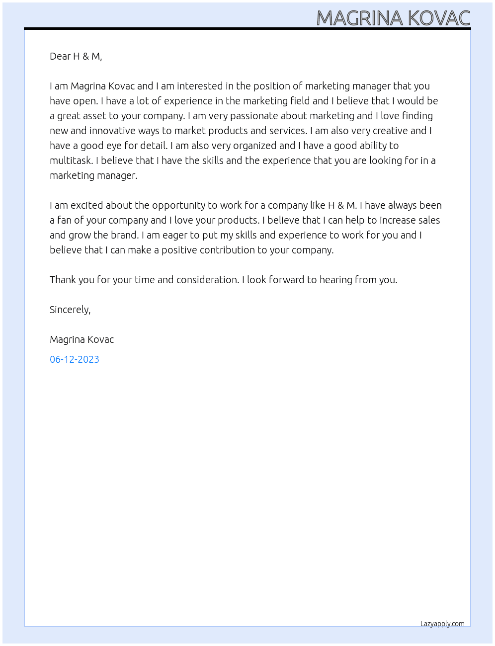 Marketing Manager At H & M Cover Letter