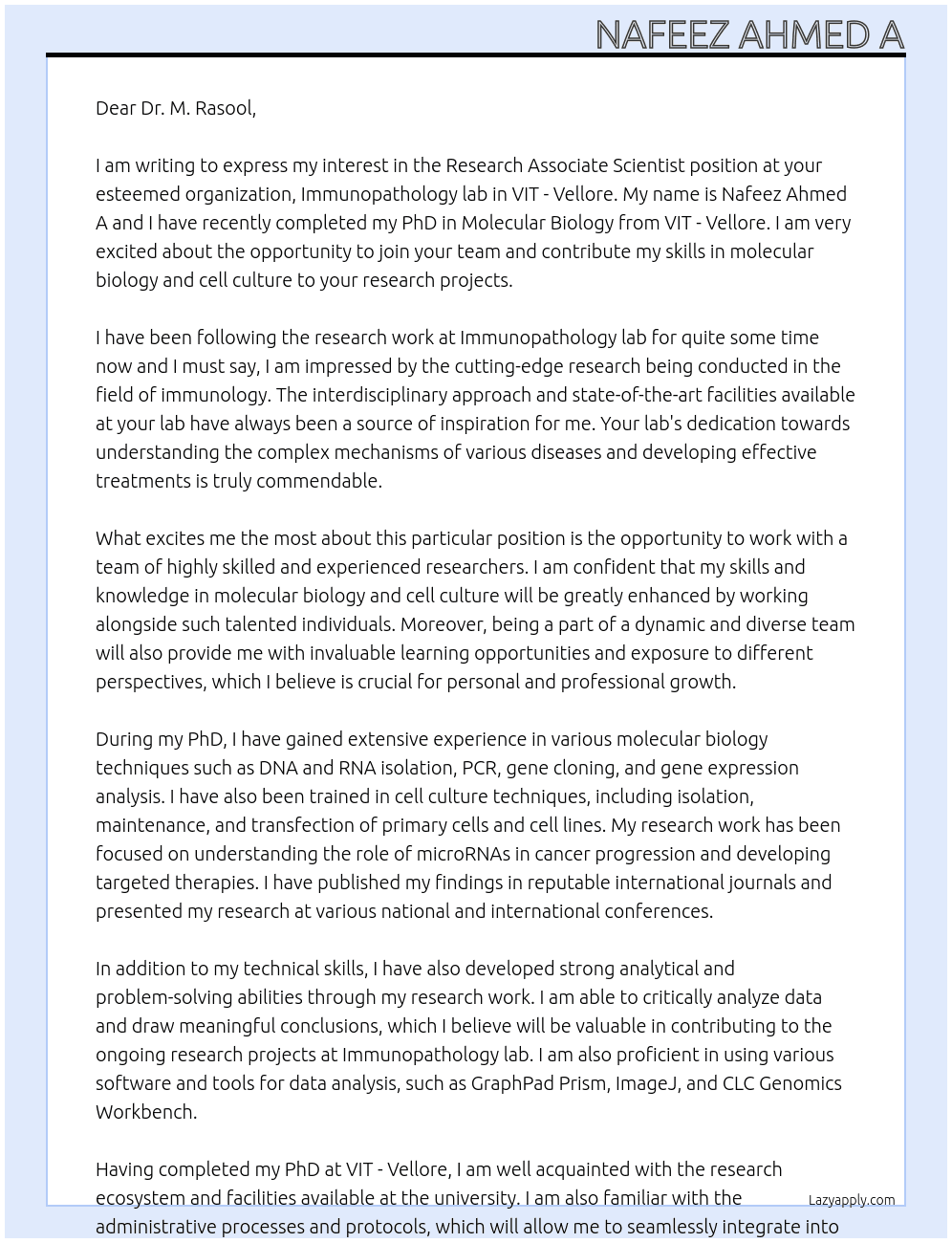 Research Associate Scientist At Immunopathology lab, VIT - Vellore Cover Letter
