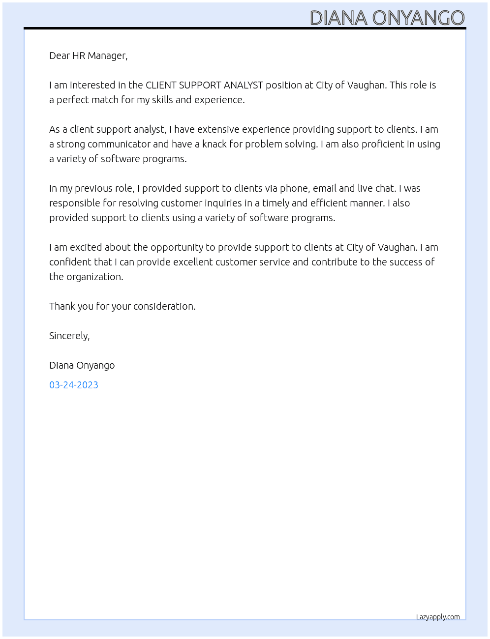 CLIENT SUPPORT ANALYST At City of Vaughan Cover Letter