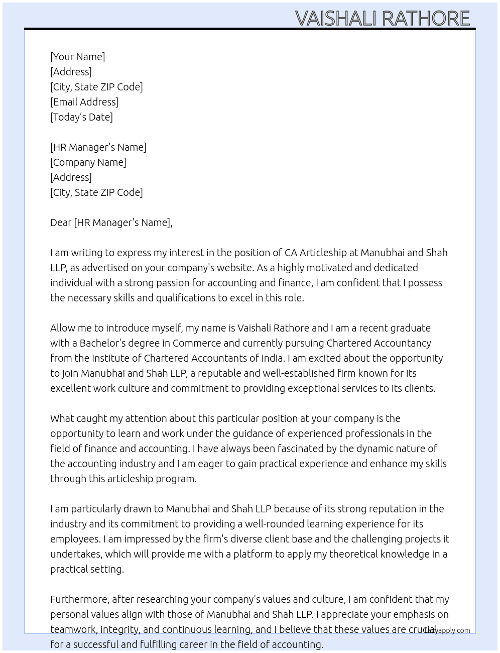 CA Articleship  At Manubhai and Shah LLP Cover Letter