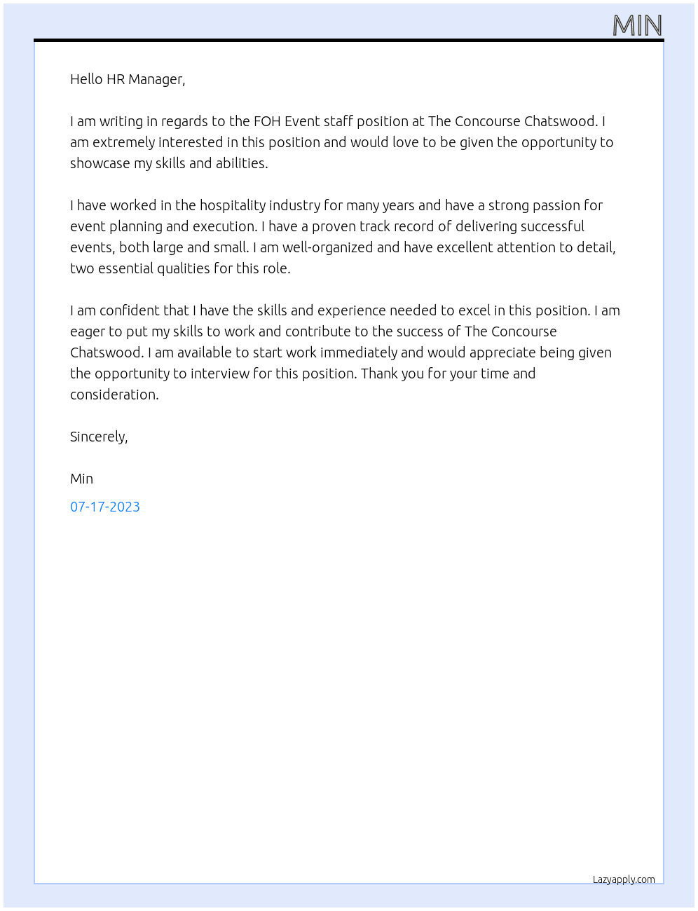 FOH Event staff At The Concourse Chatswood Cover Letter