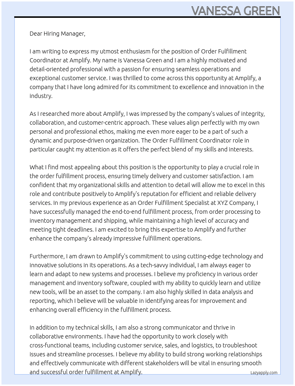 Order Fulfillment Coordinator At Amplify Cover Letter