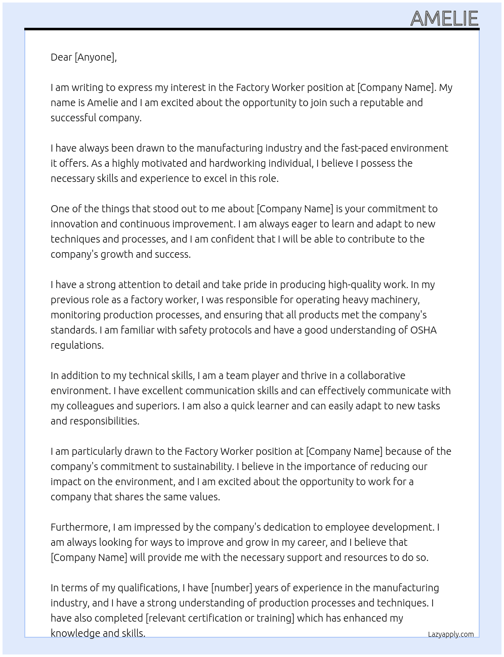 factory worker At factory Cover Letter