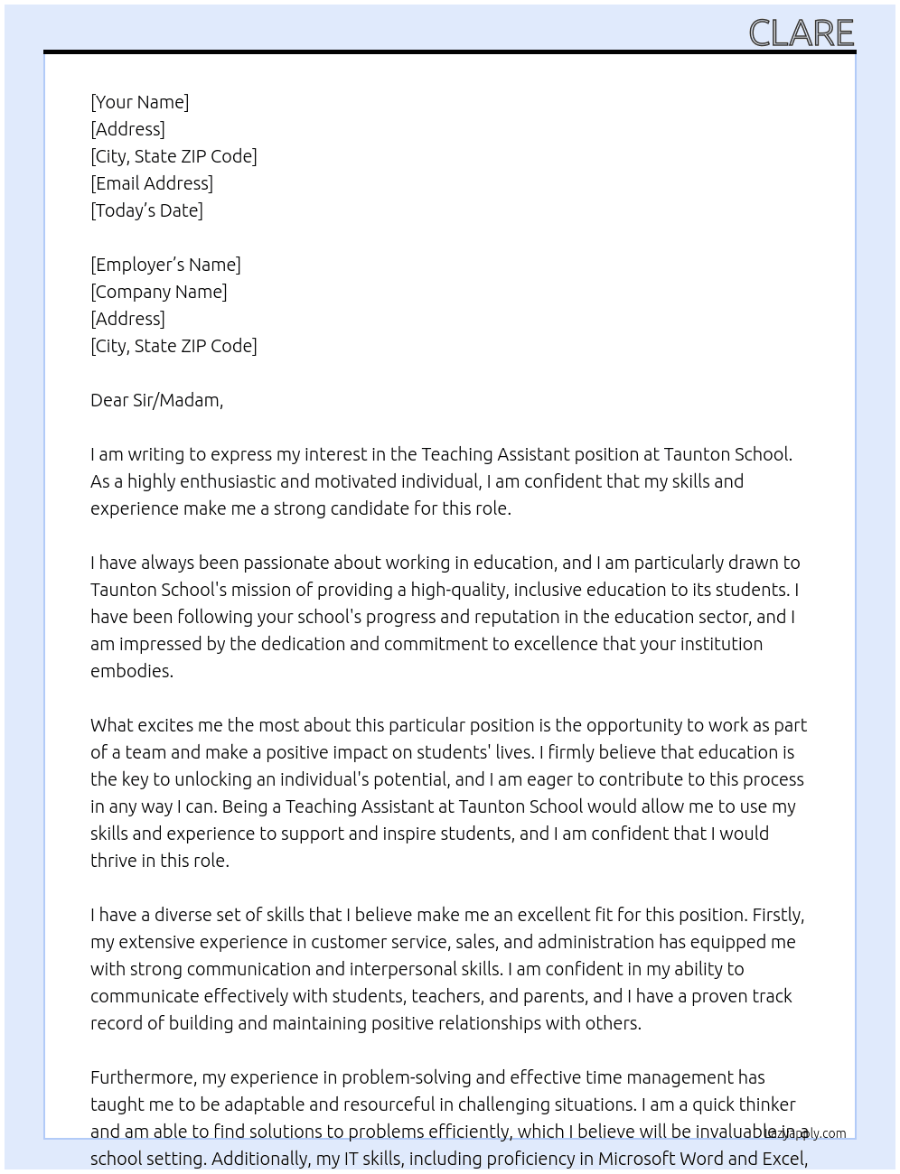 Teaching assistant At Taunton school Cover Letter